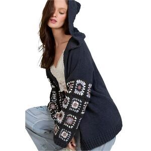 POL Cozy Crochet Granny Patchwork Cardigan Hoodie Size Small
